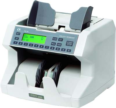 Liczarka banknotów PRO 100 z wyświetlaczem LCD pokazującym zero.